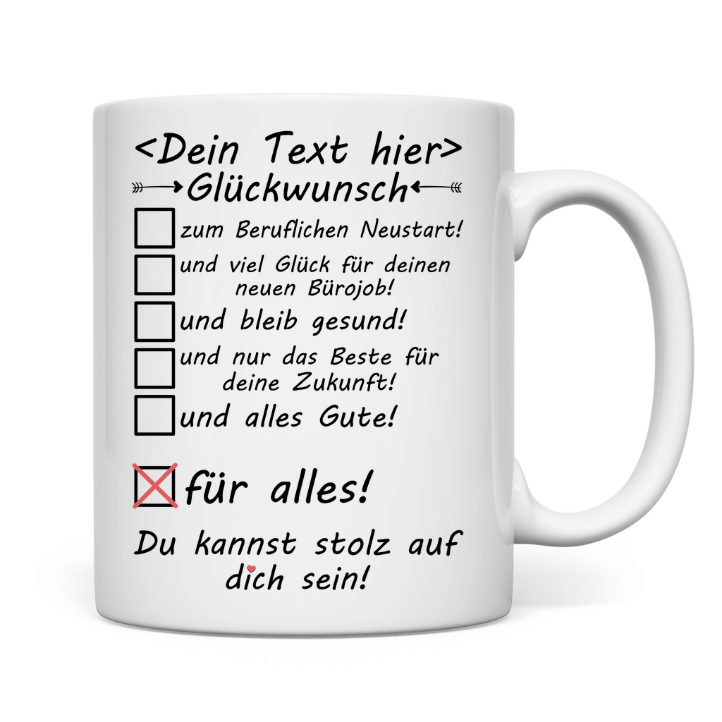 tasse alles gute zum beruflichen neustart im neuen job im büro mockup
