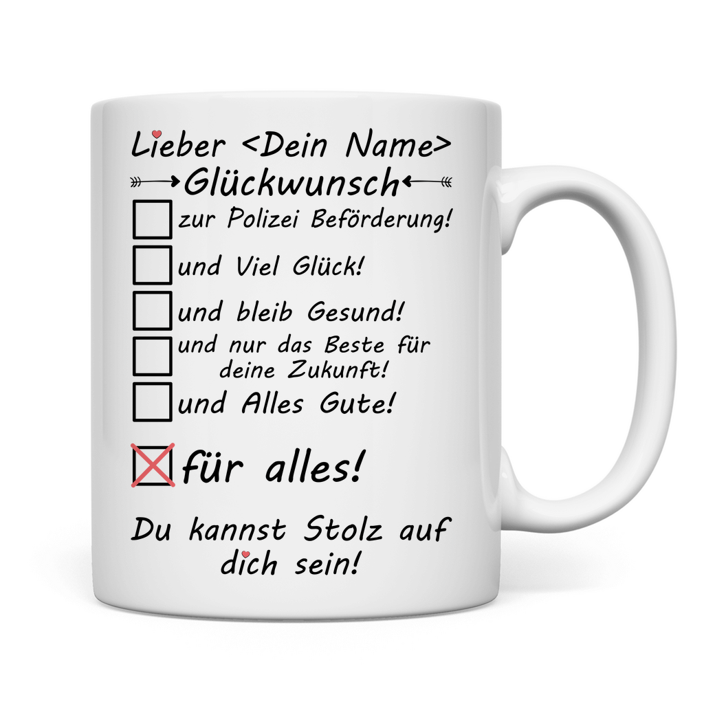 Weiße Tasse mit Glückwunsch zur Beförderung bei der Polizei für einen Mann – Mockup