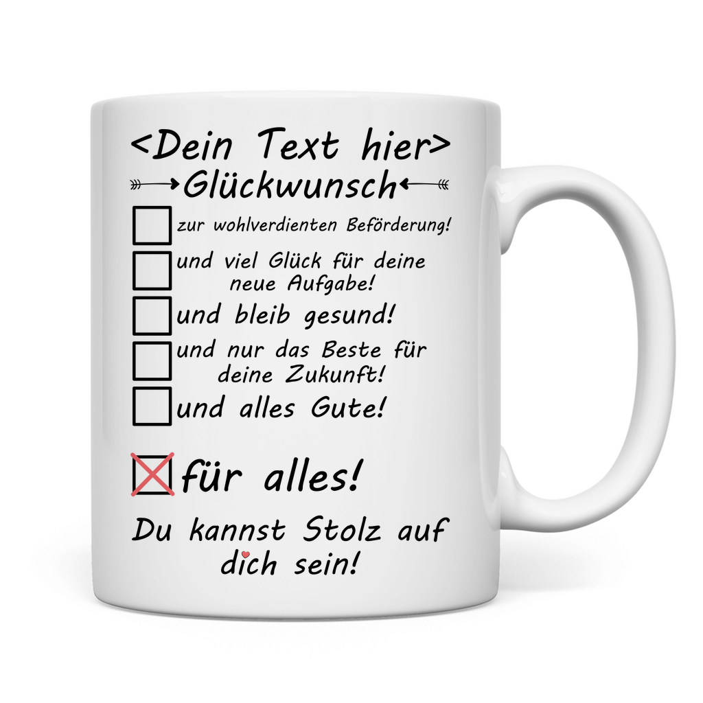 Weiße personalisierte Tasse als Geschenk zur Beförderung – Dummy-Mockup