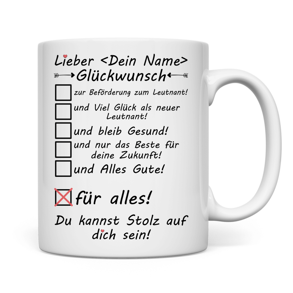 Weiße Tasse mit Glückwunsch zur Beförderung zum Leutnant – Mockup