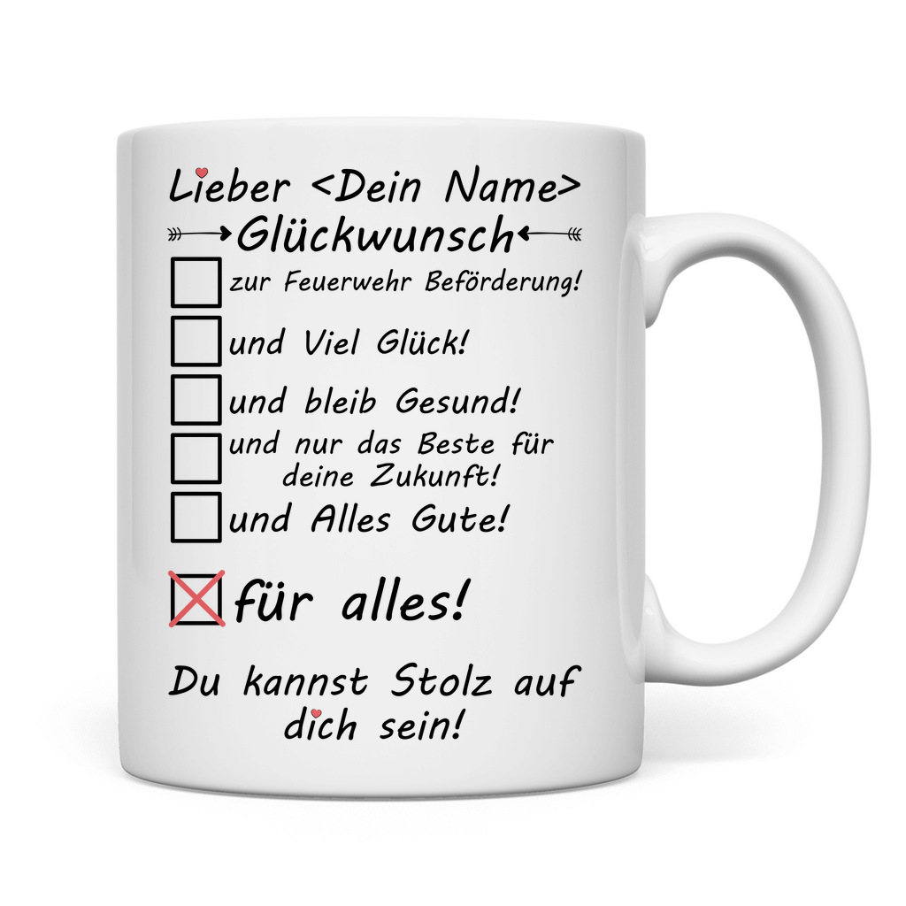 Weiße Tasse mit Glückwunsch zur Beförderung bei der Feuerwehr für einen Mann – Mockup