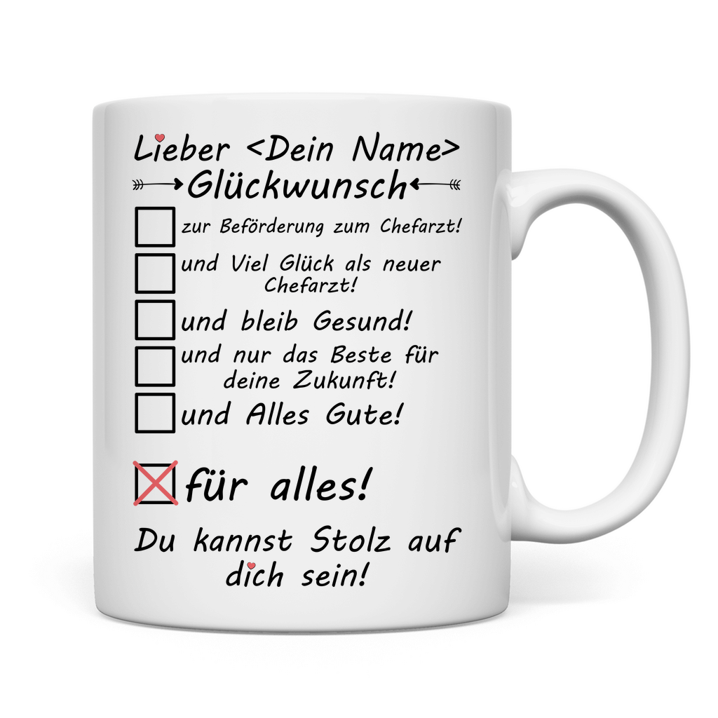 weiße Tasse mit Glückwunsch zur Beförderung zum Chefarzt – Mockup