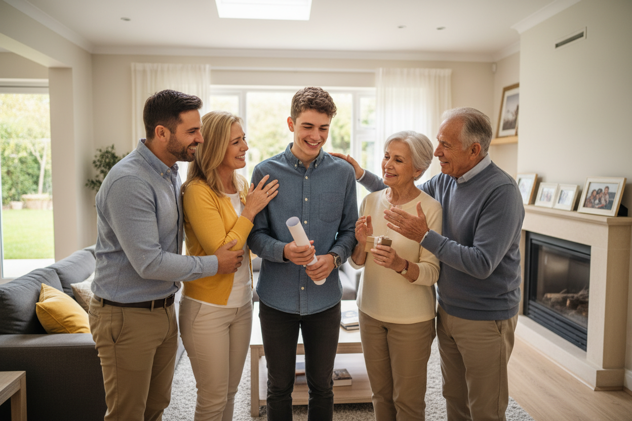 Eltern und Großeltern gratulieren herzlich zum Ausbildungsstart - Mehrgenerationen-Familie feiert gemeinsam den Beginn der Ausbildung mit Umarmungen und stolzen Gesichtern