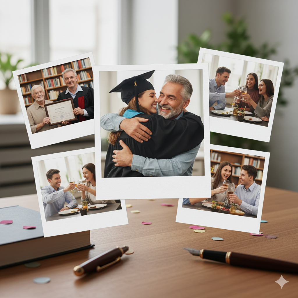 Glückwünsche zum Studienabschluss nach Beziehung - Vier Panels zeigen: Eltern schreiben stolze herzliche Nachricht, Freunde schreiben lockere feierliche Nachricht, Partner schreibt romantische unterstützende Nachricht, Großeltern schreiben traditionelle warme Wünsche