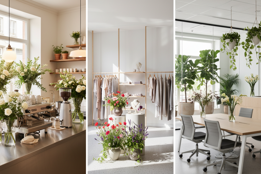 verschiedene geschaeftsarten – zeigt vielfalt von café bis buero