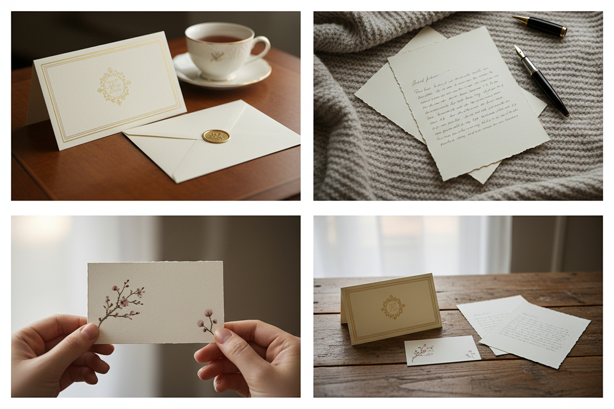 Abschiedsformate für Therapeutin - Vier Panels zeigen verschiedene Optionen: elegante Grußkarte mit Umschlag, handgeschriebener Brief auf hochwertigem Papier, kurze Notiz oder Nachrichtenkarte, alle drei Optionen im Vergleic