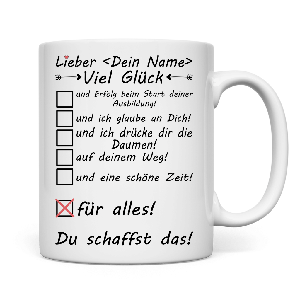tasse glückwünsche zum ausbildungsbeginn viel glück männlich mockup