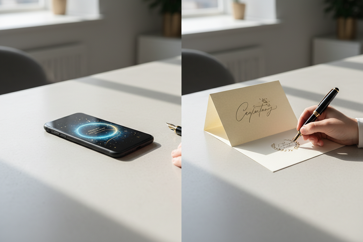 Das Bild zeigt den Vergleich zwischen digitaler Gratulation auf dem Smartphone und einer handgeschriebenen Karte mit Stift – perfekt um beide Optionen gegenüberzustellen