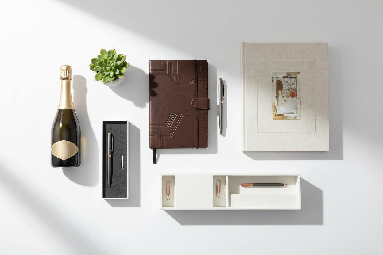 Auswahl an Geschenkideen zur Beförderung – hochwertiges Notizbuch, Stifte-Set, Champagner, Pflanze und weitere professionelle Geschenke, perfekt arrangiert