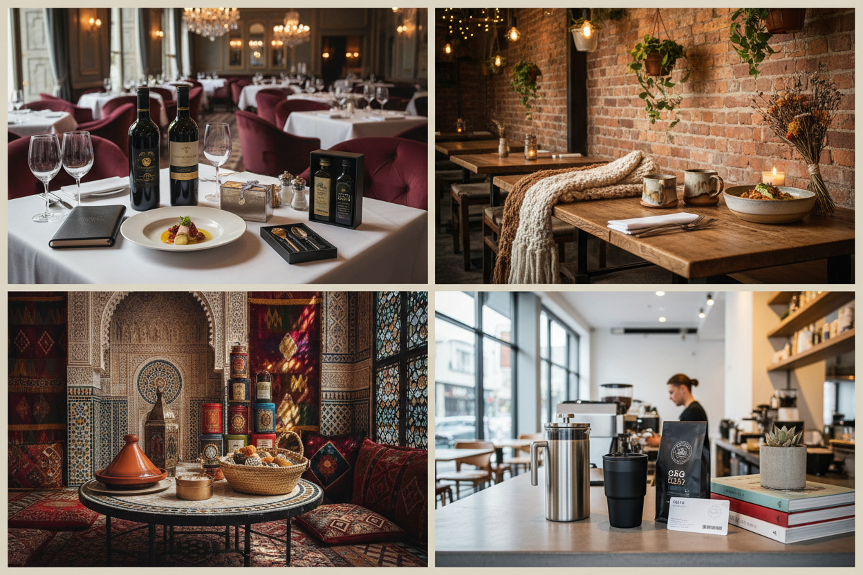 Geschenkauswahl nach Restauranttyp - Collage zeigt verschiedene Restauranttypen mit passenden Geschenken, elegantes Fine Dining mit Premium-Wein, gemütliches Bistro mit Deko-Elementen, ethnisches Restaurant mit kulturellen Geschenken, modernes Café mit Kaffee-Präsenten