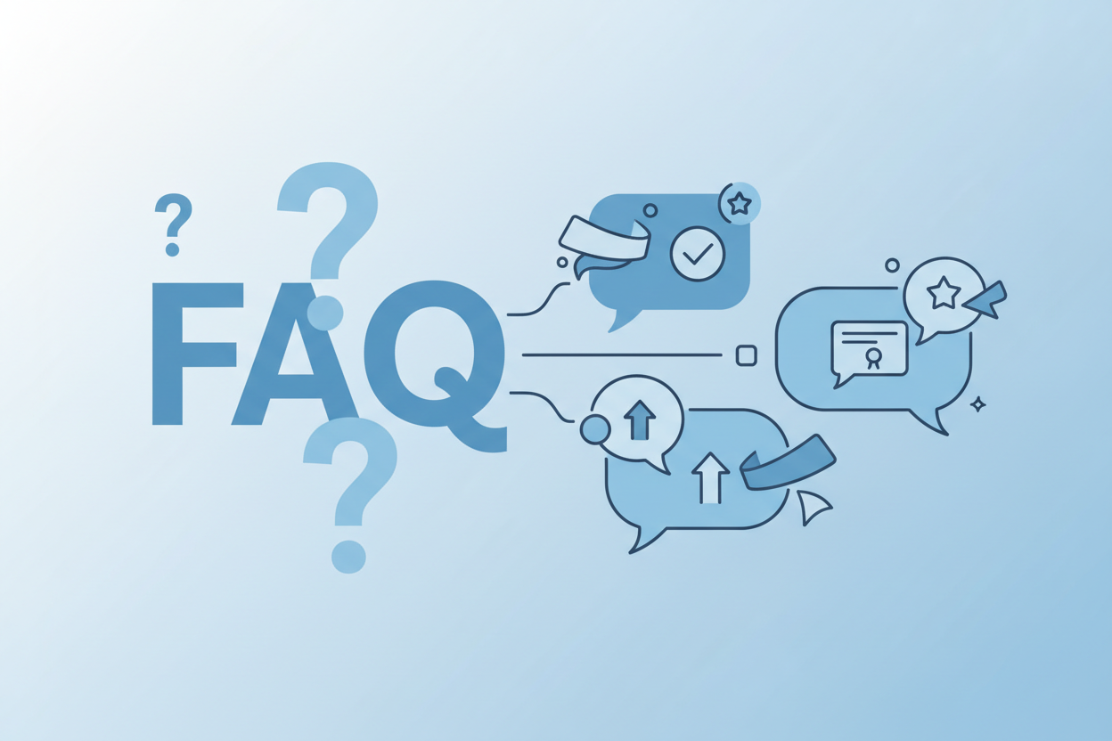 Wie gratuliert man zur Meisterprüfung? Häufig gestellte Fragen zur Gratulation zur Meisterprüfung - Moderne FAQ-Darstellung mit Fragezeichen und Sprechblasen in blauer Farbgebung für Fragen rund um Glückwünsche zum Meistertitel