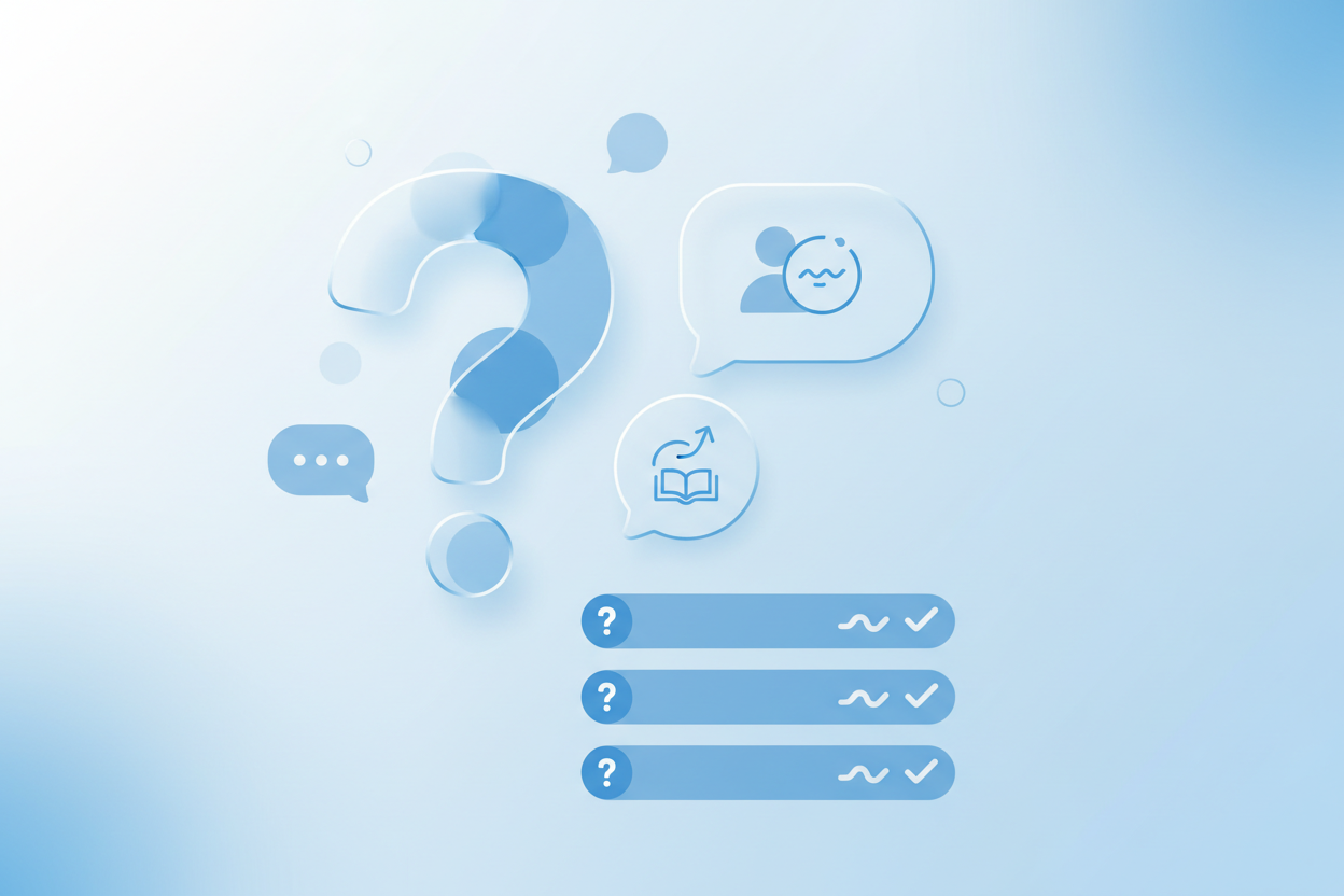 Häufig gestellte Fragen zum Abschied von der Therapeutin - Moderne FAQ-Darstellung mit Fragezeichen und Sprechblasen in blauer Farbgebung für Fragen rund um das Therapieende und den Abschied