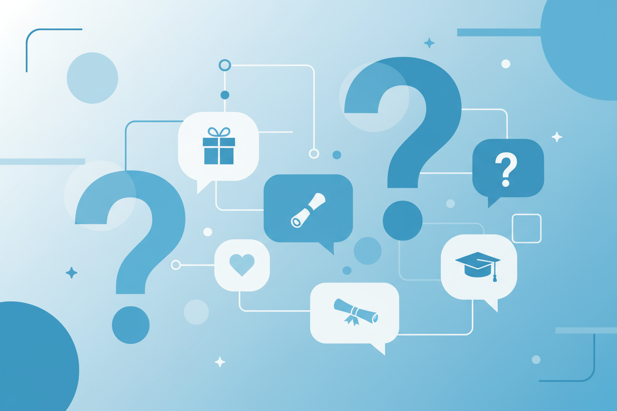 Häufig gestellte Fragen zu Studienabschluss-Geschenken - Moderne FAQ-Darstellung mit Fragezeichen und Sprechblasen in blauer Farbgebung für Fragen rund um Geschenke und Etikette zum Universitätsabschluss