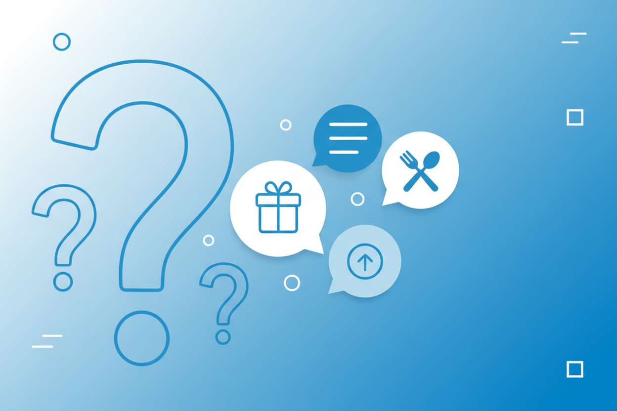  Häufig gestellte Fragen zur Restauranteröffnung - Moderne FAQ-Darstellung mit Fragezeichen und Sprechblasen in blauer Farbgebung für Fragen rund um Geschenke und Etikette zur Restaurant-Eröffnung