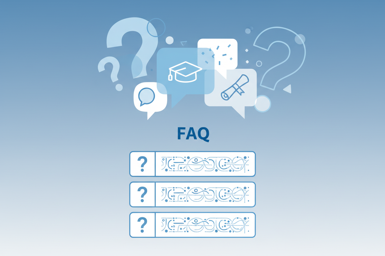 Häufig gestellte Fragen zu Glückwunschtexten zum Studienabschluss - Moderne FAQ-Darstellung mit Fragezeichen und Sprechblasen in blauer Farbgebung für Fragen rund um Texte und Formulierungen zum Universitätsabschluss