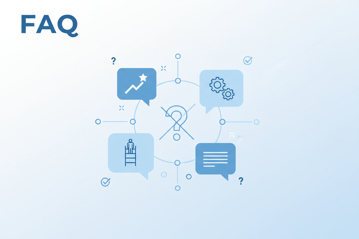 Das Bild zeigt ein modernes FAQ-Design mit Fragezeichen und Sprechblasen in blauer Farbgebung – perfekt für den FAQ-Bereich zum Thema Beförderung!