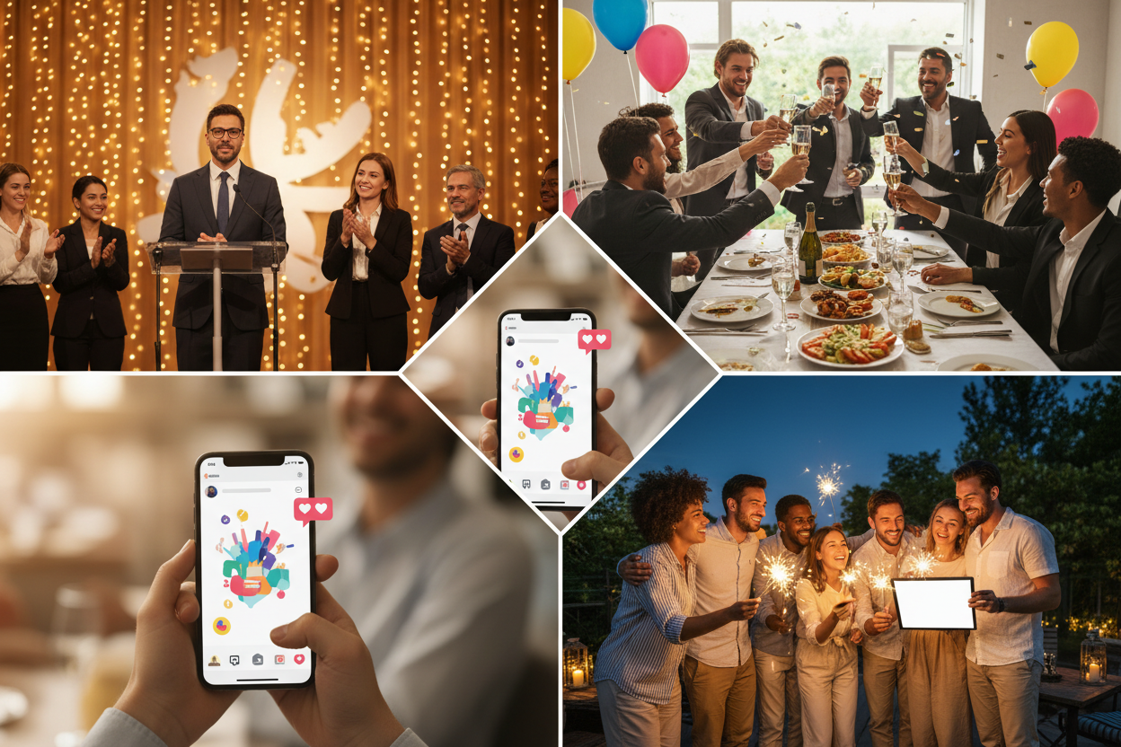 Wie gratuliert man zur Meisterprüfung? ffentliche Gratulationsformen - Redner bei Feierlichkeit, festliche Zusammenkunft mit Kollegen beim Anstoßen, Smartphone mit Social-Media-Glückwunsch, zeigt verschiedene Wege der öffentlichen Gratulation