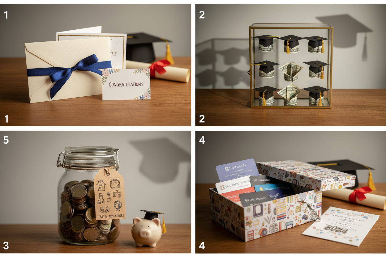 Kreative Geldgeschenke zum Studienabschluss - Vier Panels zeigen: eleganter Geldumschlag mit Schleife und Glückwunschkarte, kreativ gefaltetes Geld in Doktorhut-Form im Bilderrahmen, Spardose für Zukunftsziele wie Wohnung oder Reise, Geschenkkarten-Präsentation in dekorativer Box