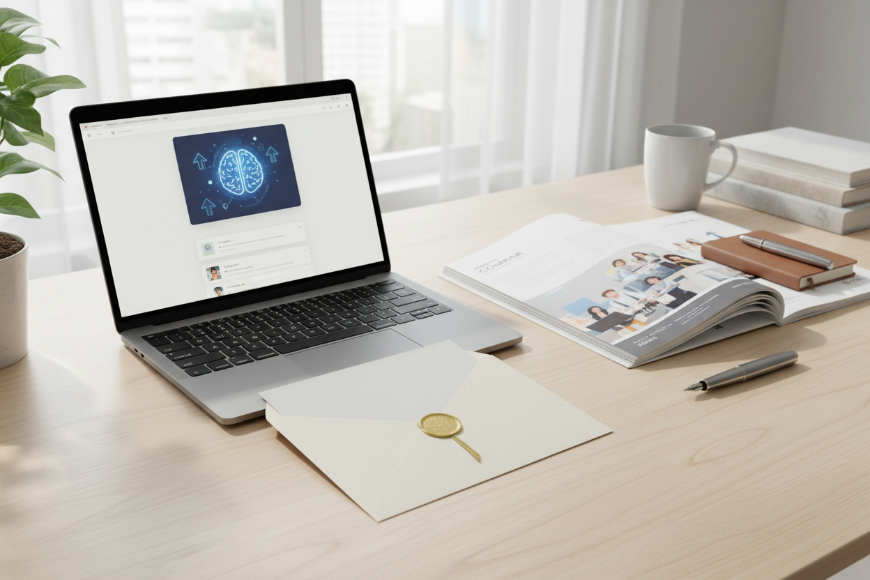 Was schenkt man zur Gesellenprüfung Gutschein für Weiterbildung als Geschenk - Eleganter Bildungsgutschein im Umschlag mit Kurskatalog und Laptop, symbolisiert Investition in berufliche Fortbildung und Karriereentwicklung