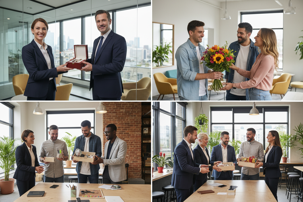 verschiedene Personen in unterschiedlichen beruflichen Rollen, die passende Geschenke zur Beförderung erhalten – von Managern bis zu Kollegen in verschiedenen Kontexten