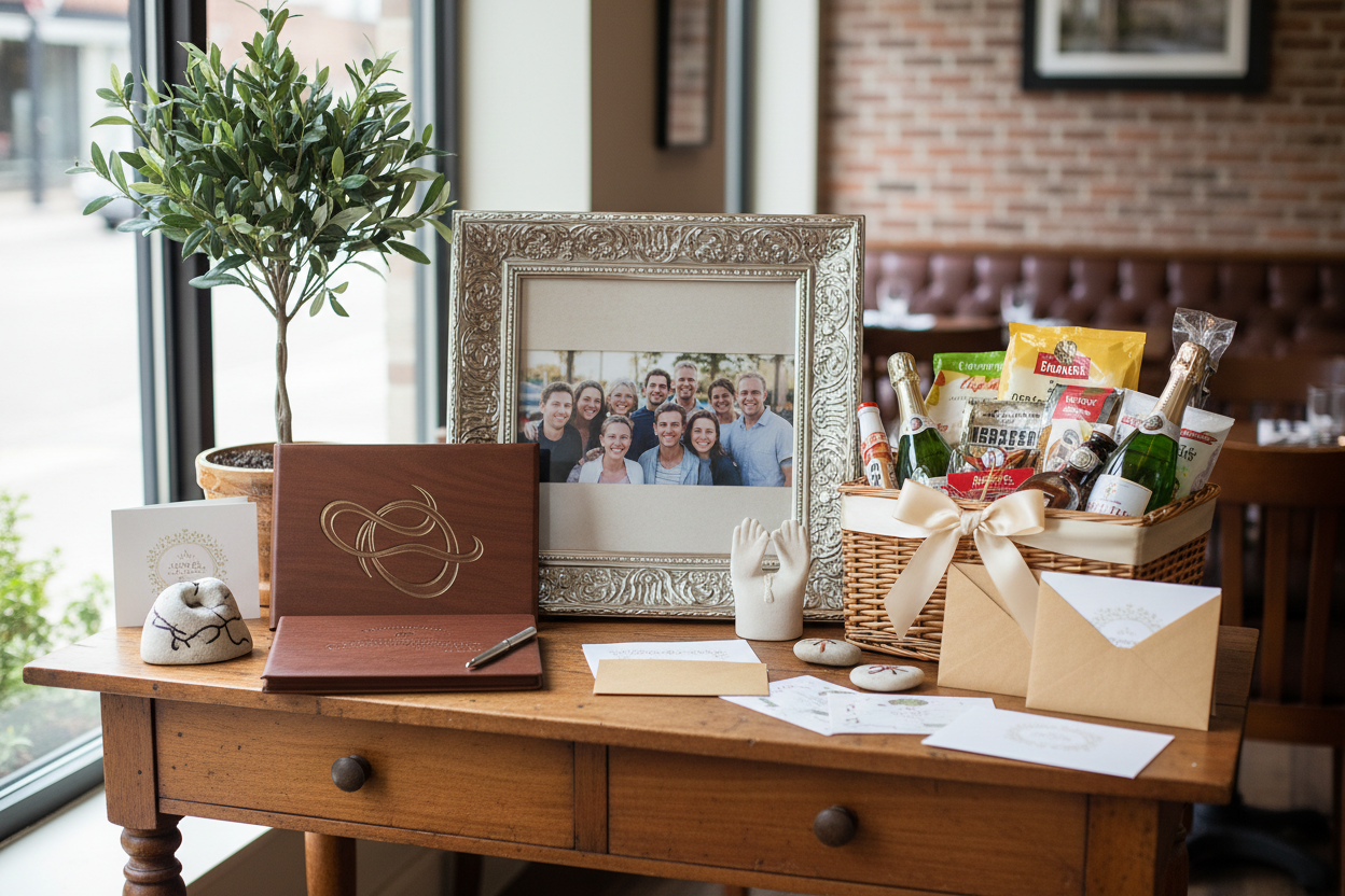 Persönliche Geschenke zur Restauranteröffnung von Team und Familie - Gruppenbilderrahmen, personalisiertes Gästebuch, gravierte Plakette, Geschenkkorb vom Team, handgeschriebene Glückwunschkarten zeigen Unterstützung und Wertschätzung