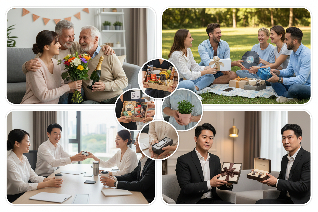 verschiedene Menschen, die Geschenke zur Beförderung überreichen – Familie mit Blumen und Champagner, Freunde mit persönlichen Geschenken, Kollegen mit Büro-Accessoires 