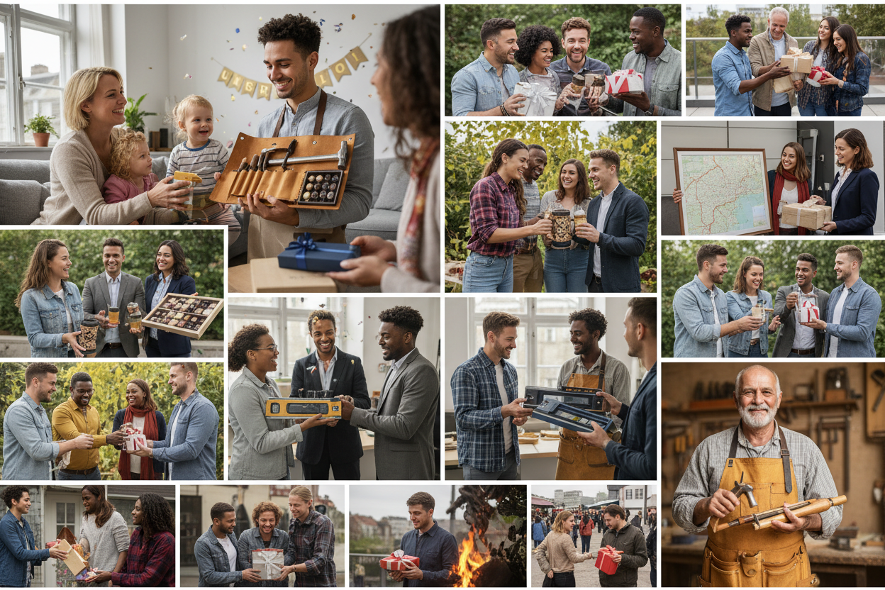 Was schenkt man zur Gesellenprüfung Geschenke zur Gesellenprüfung nach Beziehung mit Menschen - Verschiedene Personen überreichen Geschenke zum bestandenen Gesellenbrief, Familie mit Werkzeugen, Freunde mit persönlichen Geschenken, Meister mit Profi-Equipment