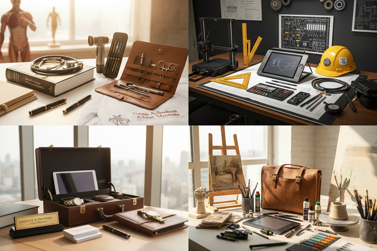 Studienabschluss-Geschenke nach Fachrichtung - Vier Panels zeigen: Medizinstudent mit Stethoskop und medizinischer Ausrüstung, Ingenieurstudent mit technischen Werkzeugen, BWL-Student mit Aktentasche und Business-Accessoires, Kunststudent mit kreativen Materialien und Portfolio