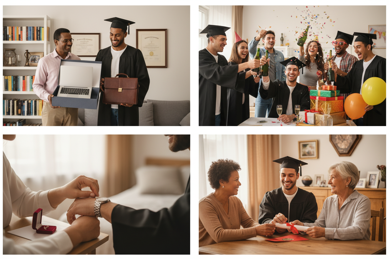 Geschenke zum Studienabschluss nach Beziehung - Vier Panels zeigen: Eltern schenken praktische Geschenke wie Laptop oder Aktentasche, Freunde schenken Feier-Accessoires wie Champagner, Partner schenken persönliche Geschenke wie Schmuck, Großeltern schenken traditionell Geld