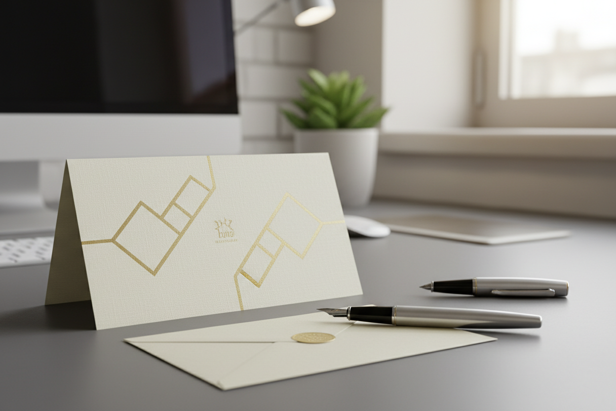 Das Bild zeigt eine elegante Glückwunschkarte auf einem Schreibtisch mit Stift und Umschlag – perfekt für den Abschnitt über Kartentexte zur Beförderung im professionellen Kontext