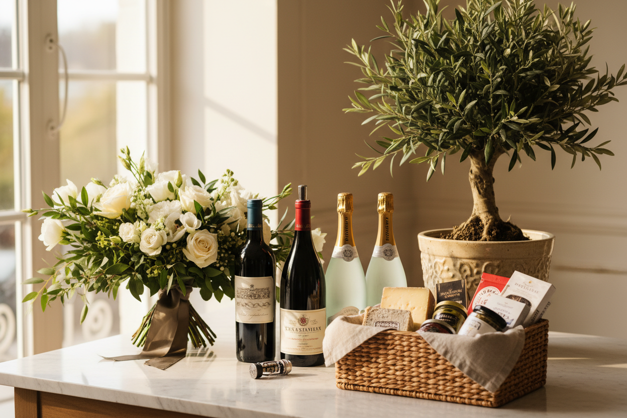 Klassische Geschenke zur Restauranteröffnung - Premium-Weinflaschen, eleganter Champagner, schönes Blumenarrangement, dekorative Topfpflanze und hochwertiger Geschenkkorb in festlicher Präsentation