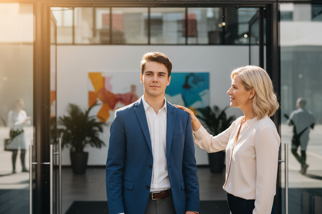 Ermutigende Worte zum Ausbildungsstart - Mentor gibt jungem Azubi aufmunternde Worte mit unterstützender Geste, zuversichtlicher und hoffnungsvoller Gesichtsausdruck symbolisiert Motivation für den neuen Lebensabschnitt