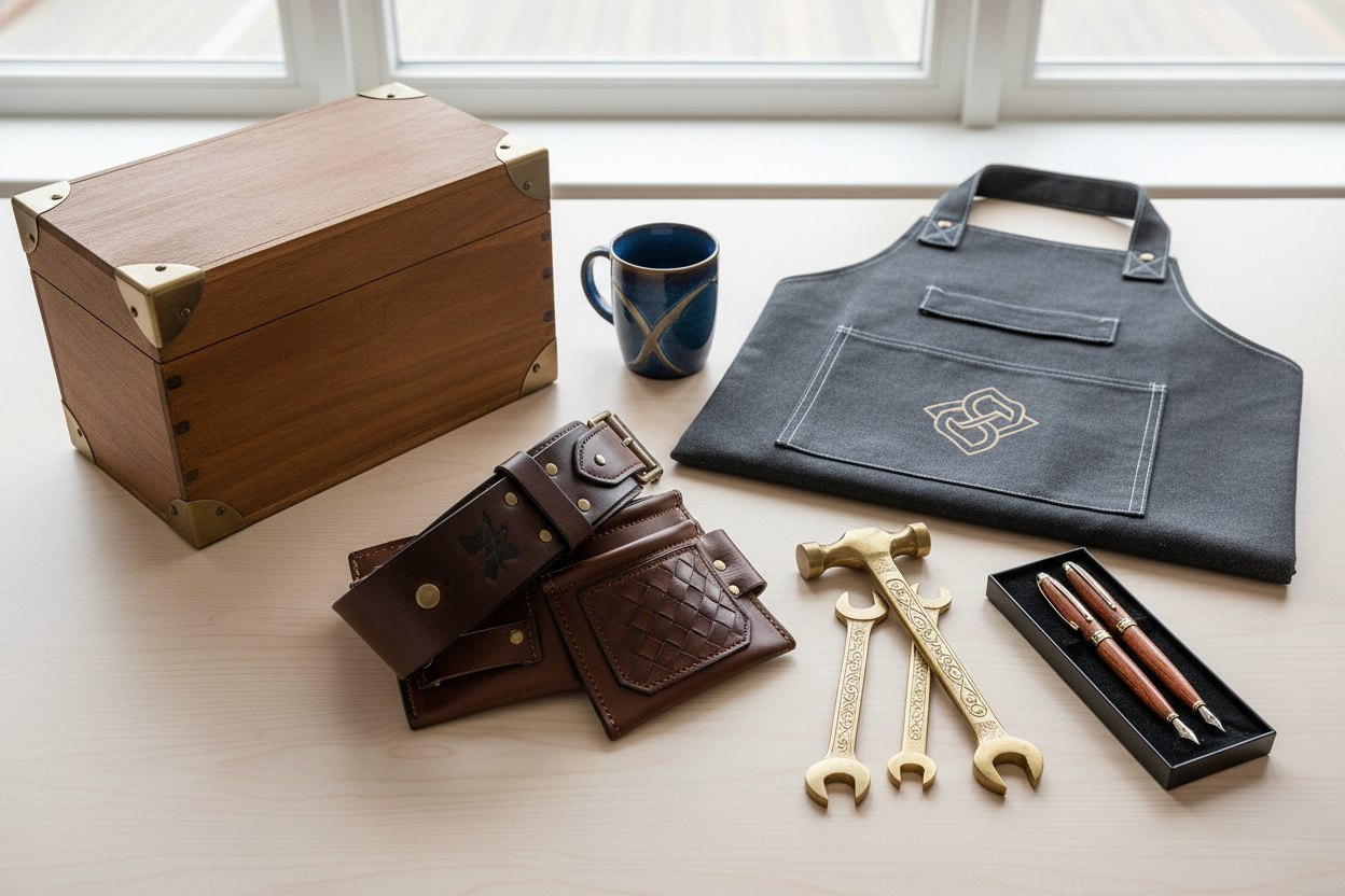 Was schenkt man zur Gesellenprüfung Personalisierte Geschenke zur Gesellenprüfung - Gravierte Werkzeuge, individueller Werkzeuggürtel aus Leder, personalisierte Arbeitsschürze, Tasse und Stift-Set für den frischgebackenen Gesellen