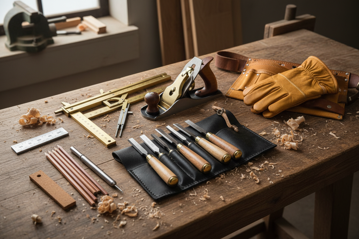 Was schenkt man einem Tischler zur Gesellenprüfung? Praktische Geschenke für Tischlergesellen - Hochwertige Holzbearbeitungswerkzeuge, Präzisionsmesswerkzeuge, Handhobel, Arbeitshandschuhe, Werkzeuggürtel aus Leder und Anreißwerkzeuge auf Werkbank arrangiert