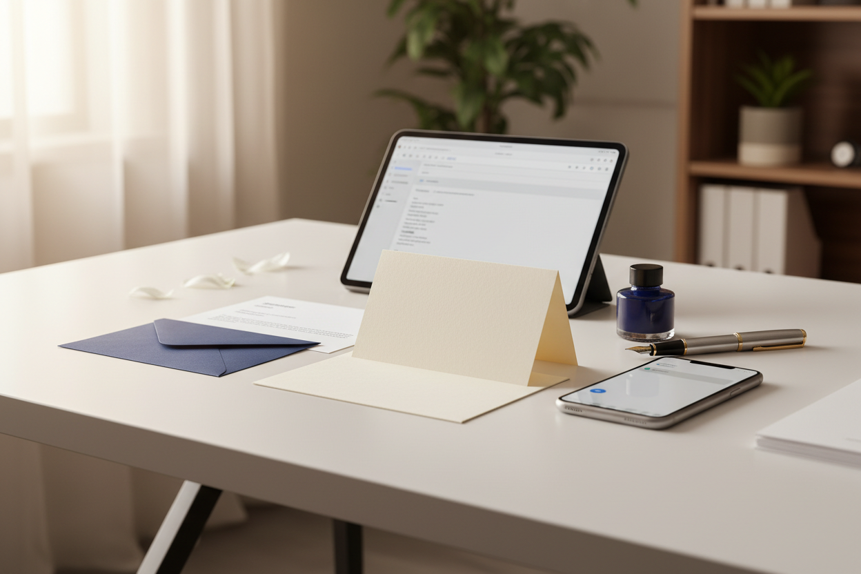 Wie gratuliert man zur Meisterprüfung? Schriftliche Gratulationsformen - Handgeschriebene Glückwunschkarte, formeller Brief und Smartphone mit Nachricht auf Schreibtisch, zeigt verschiedene Möglichkeiten der schriftlichen Gratulation von traditionell bis digital