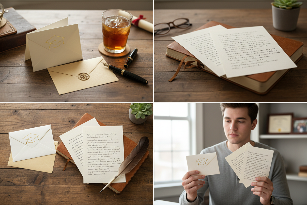 Karte oder Brief zum Studienabschluss - Vier Panels zeigen: elegante Grußkarte mit Umschlag, handgeschriebener mehrseitiger Brief auf hochwertigem Papier, Vergleich beider Optionen nebeneinander, Person wählt zwischen Karte und Brief
