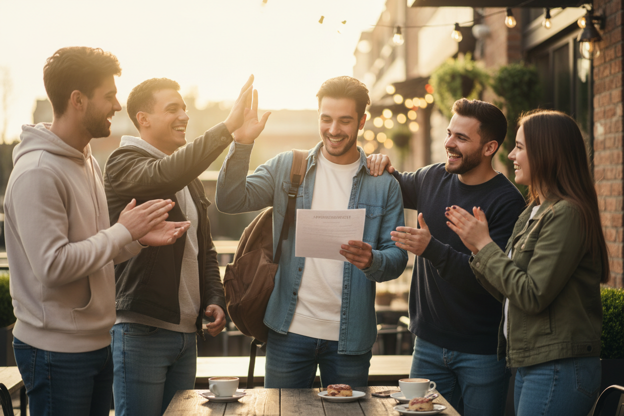 Freunde gratulieren zum Ausbildungsstart - Junge Freunde feiern gemeinsam den Beginn der Ausbildung mit Umarmungen und fröhlichen Gesichtern in lockerer Atmosphär