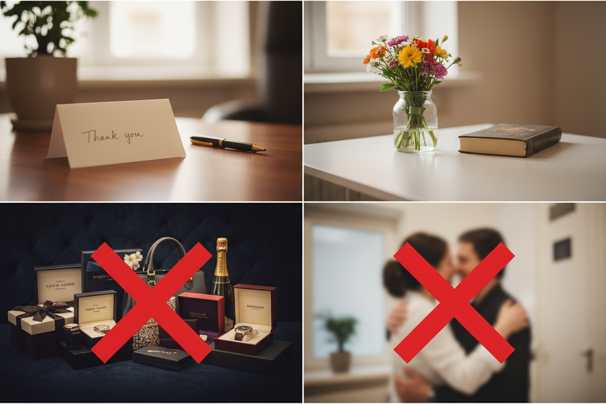 Angemessenes Verhalten zum Therapieende in vier Bildern - Panel 1: handgeschriebene Dankeskarte, Panel 2: kleine aufmerksame Geschenke wie Blumen, Panel 3: durchgestrichene teure Luxusgeschenke, Panel 4: durchgestrichene Grenzüberschreitungen