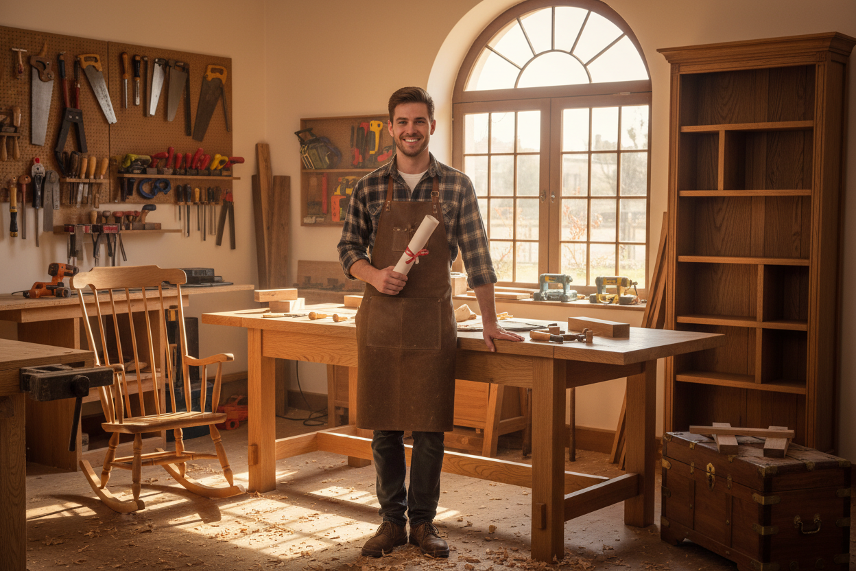 Was schenkt man einem Tischler zur Gesellenprüfung? Gesellenprüfung Tischler als Meilenstein - Stolzer junger Tischlergeselle mit Prüfungszeugnis in der Werkstatt, umgeben von handgefertigten Holzmöbeln und Werkzeugen, symbolisiert wichtigen Karriereschritt im Tischlerhandwerk