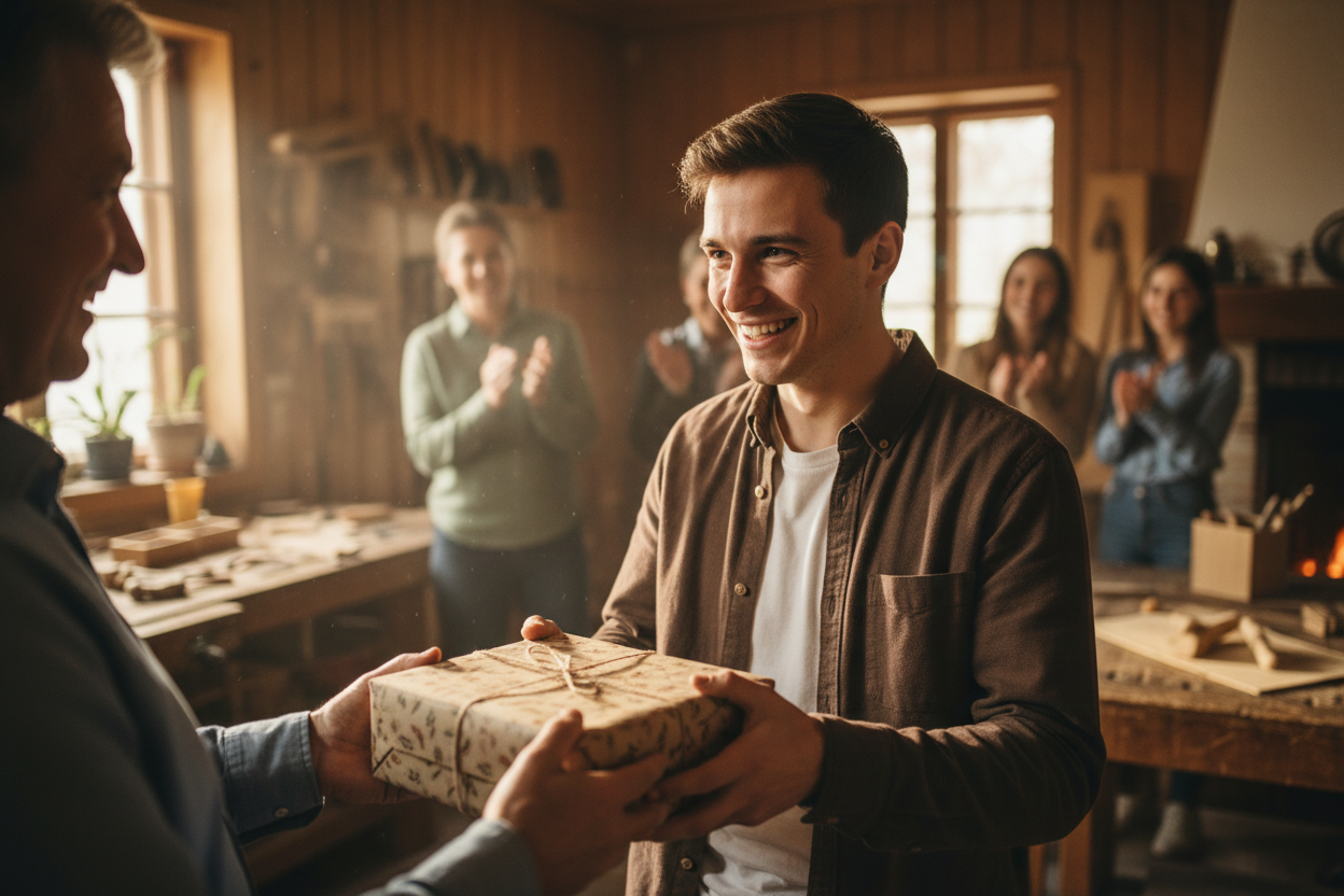 Bedeutung von Geschenken zur Gesellenprüfung - Emotionaler Moment bei Geschenkübergabe nach bestandener Gesellenprüfung, Geselle zeigt Dankbarkeit und Stolz, symbolisiert Wertschätzung und Anerkennung der Leistung