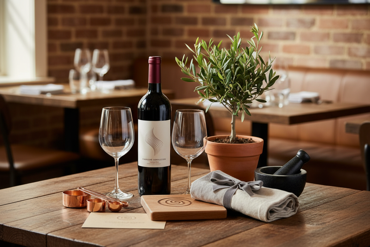 Merkmale guter Geschenke zur Restauranteröffnung - Durchdachte Auswahl kombiniert praktische und dekorative Elemente wie Wein, Pflanzen, Küchenutensilien mit persönlicher Note, zeigt Qualität und Geschmack