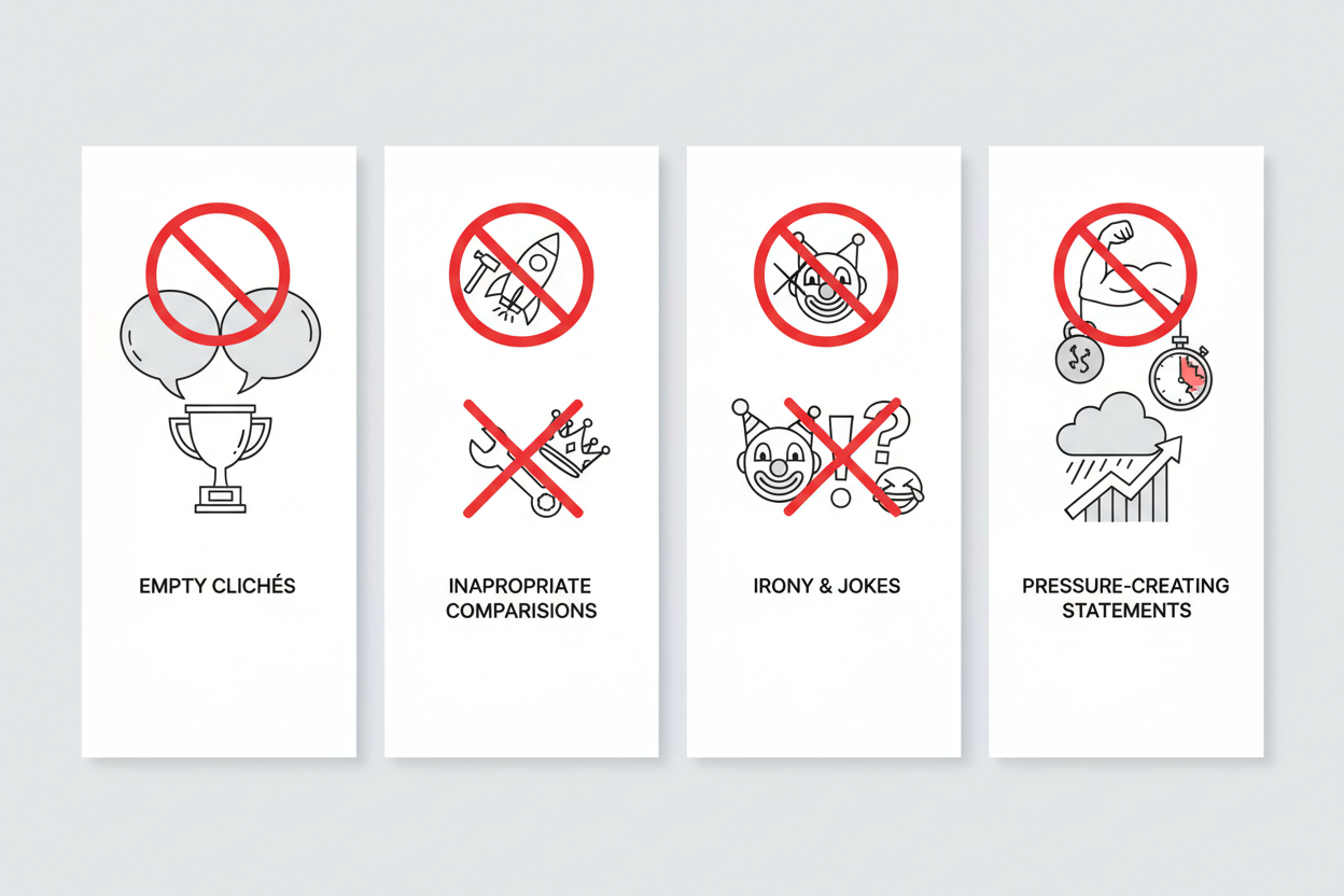 Wie gratuliert man zur Meisterprüfung? Fehler bei Gratulation zur Meisterprüfung vermeiden - Vier Bereiche mit Warnsymbolen: leere Floskeln durch hohle Sprechblasen, unpassende Vergleiche, durchgestrichene Ironie und Witze, Druck erzeugende Aussagen mit Stress-Indikatoren