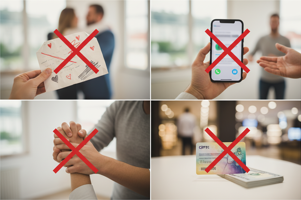 Unangemessene Inhalte für Abschiedstext an Therapeutin - Vier unterschiedliche Panels zeigen durchgestrichene Fehler: Liebesbrief mit Herzen für romantische Gefühle, Handy für Kontaktanfragen, klammernde Hände für übermäßige Abhängigkeit, Geschenkkarte mit Geld für unangemessene teure Geschenke