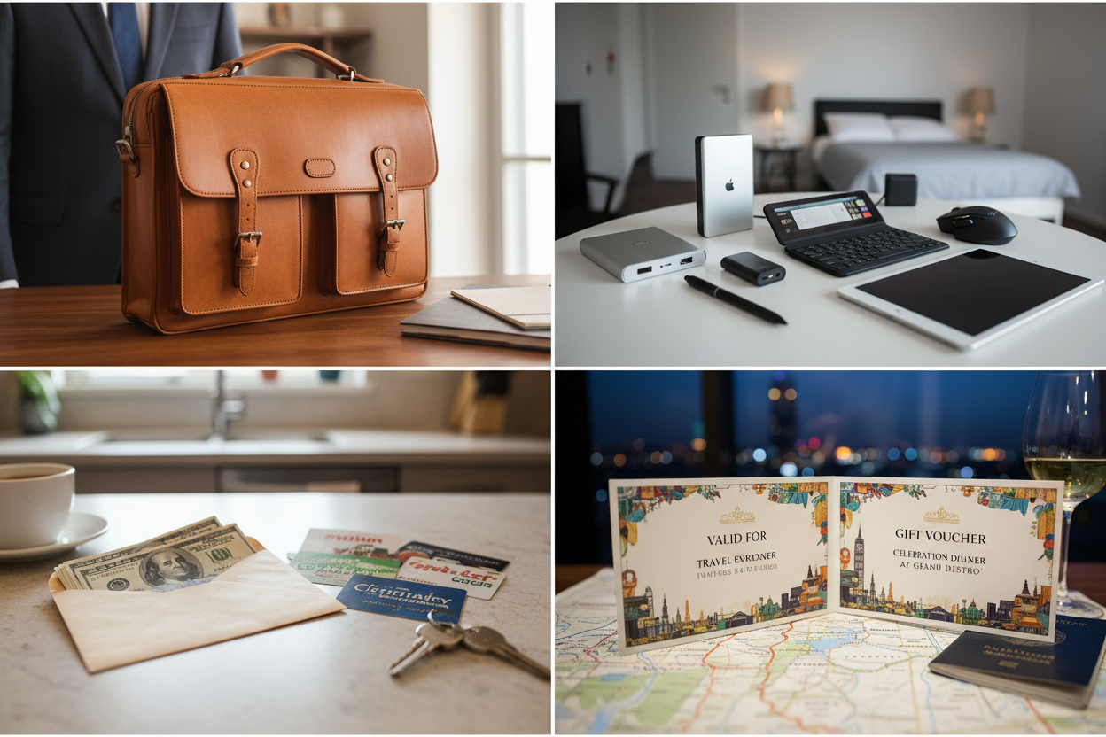 Realistische Geschenke zum Studienabschluss - Vier Panels zeigen praktische Geschenke die Absolventen wirklich brauchen: professionelle Arbeitstasche für Karrierestart, Tech-Essentials wie Laptop-Zubehör, Geldgeschenk für praktische Bedürfnisse, Erlebnisgutschein für Reise oder Feier