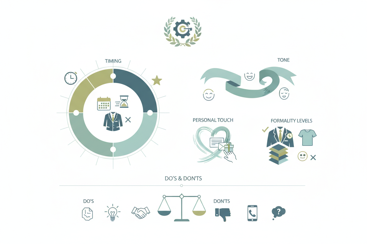 Wie gratuliert man zur Meisterprüfung? Grundregeln für Gratulation zur Meisterprüfung - Infografik zeigt wichtige Prinzipien und Etikette-Regeln beim Gratulieren zum Meistertitel, Timing, Tonalität, persönliche Note und Formalitätsgrade