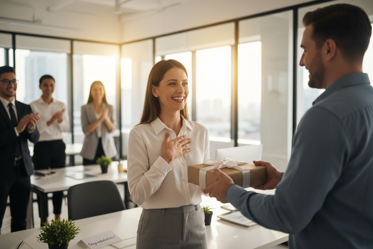Das Bild zeigt einen emotionalen Moment, in dem jemand ein Geschenk zur Beförderung erhält – die Freude und Dankbarkeit verdeutlichen die starke Wirkung solcher Gesten der Anerkennung!