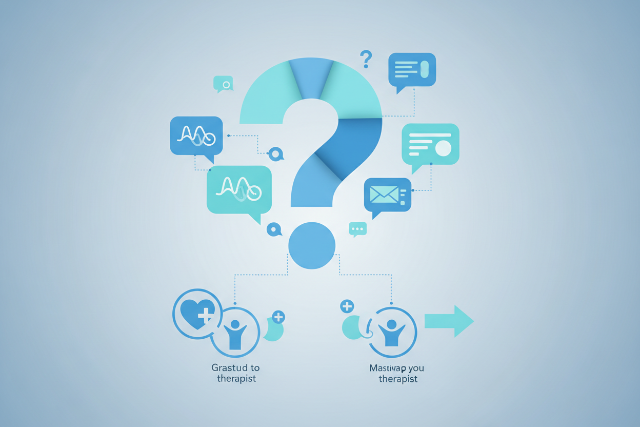 Häufig gestellte Fragen zu Dankestexten für Therapeutin - Moderne FAQ-Darstellung mit Fragezeichen und Sprechblasen in blauer Farbgebung für Fragen rund um Dankbarkeit ausdrücken und Abschiedsworte für Therapeuten