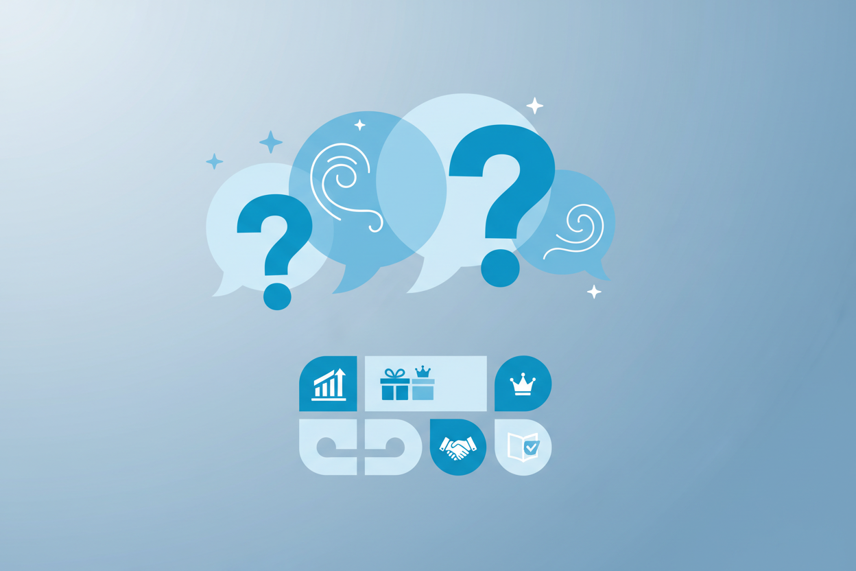 Häufig gestellte Fragen zu Glückwünschen zur Eröffnung - Moderne FAQ-Darstellung mit Fragezeichen und Sprechblasen in blauer Farbgebung für Fragen rund um Textvorlagen und Etikette bei Geschäftseröffnungen