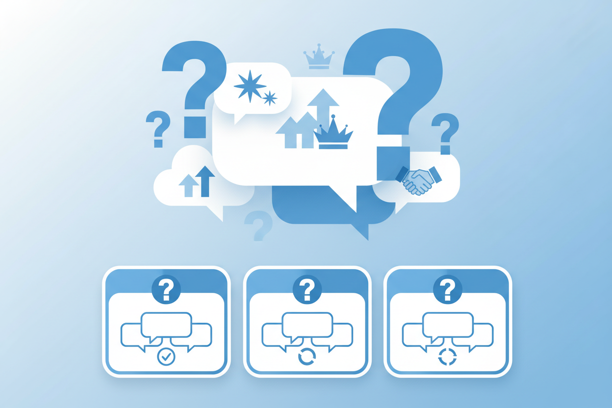 Häufig gestellte Fragen zu Glückwunschtexten zur Beförderung - Moderne FAQ-Darstellung mit Fragezeichen und Sprechblasen in blauer Farbgebung für Fragen rund um Textvorlagen und Formulierungen für Beförderungsglückwünsche