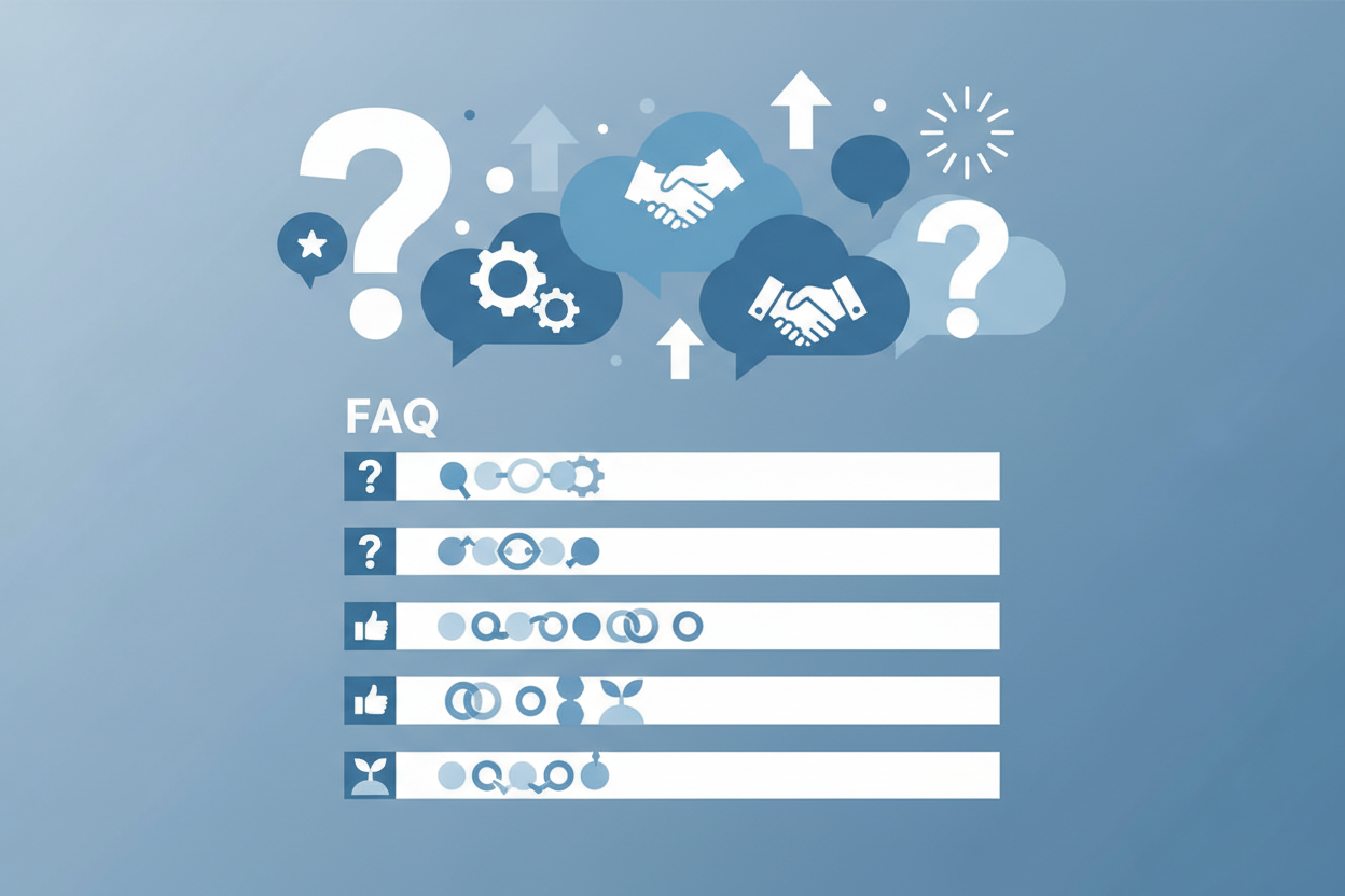 Häufig gestellte Fragen zu guten Wünschen zum Ausbildungsbeginn - Moderne FAQ-Darstellung mit Fragezeichen und Sprechblasen in blauer Farbgebung für Fragen rund um ermutigende Nachrichten und Wünsche zum Start der Berufsausbildung